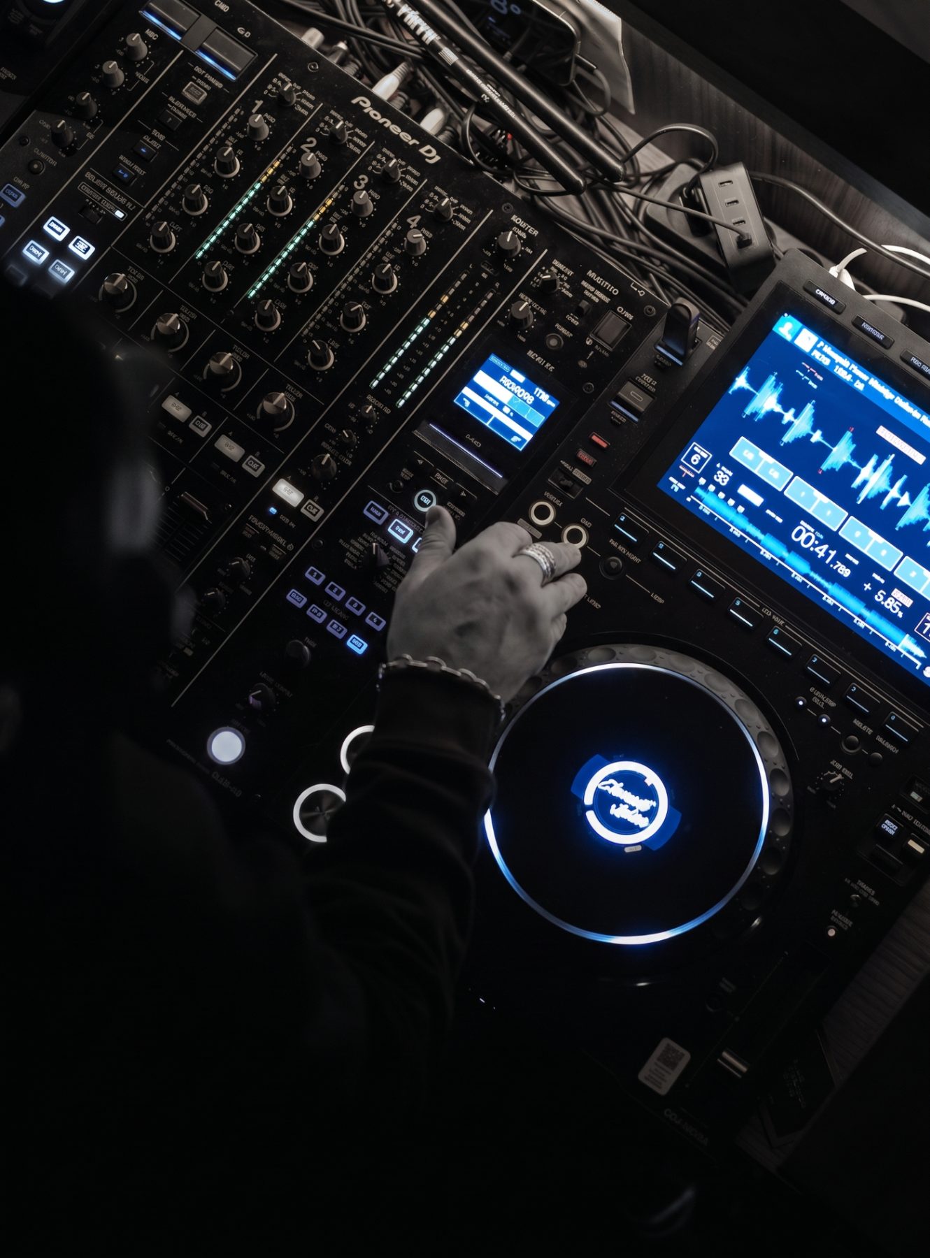 Pioneer CDJ deck closeup, blue LED