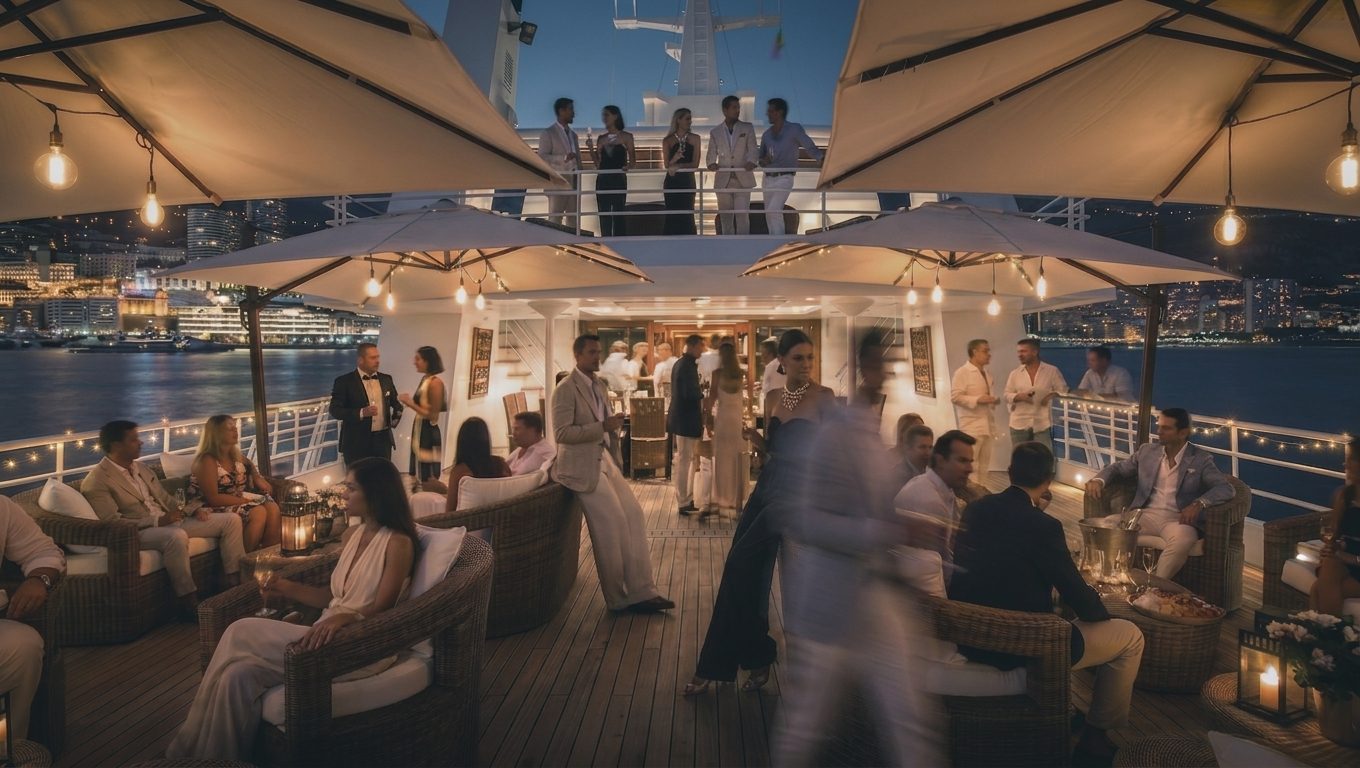 Aft deck at dusk, guests in situ